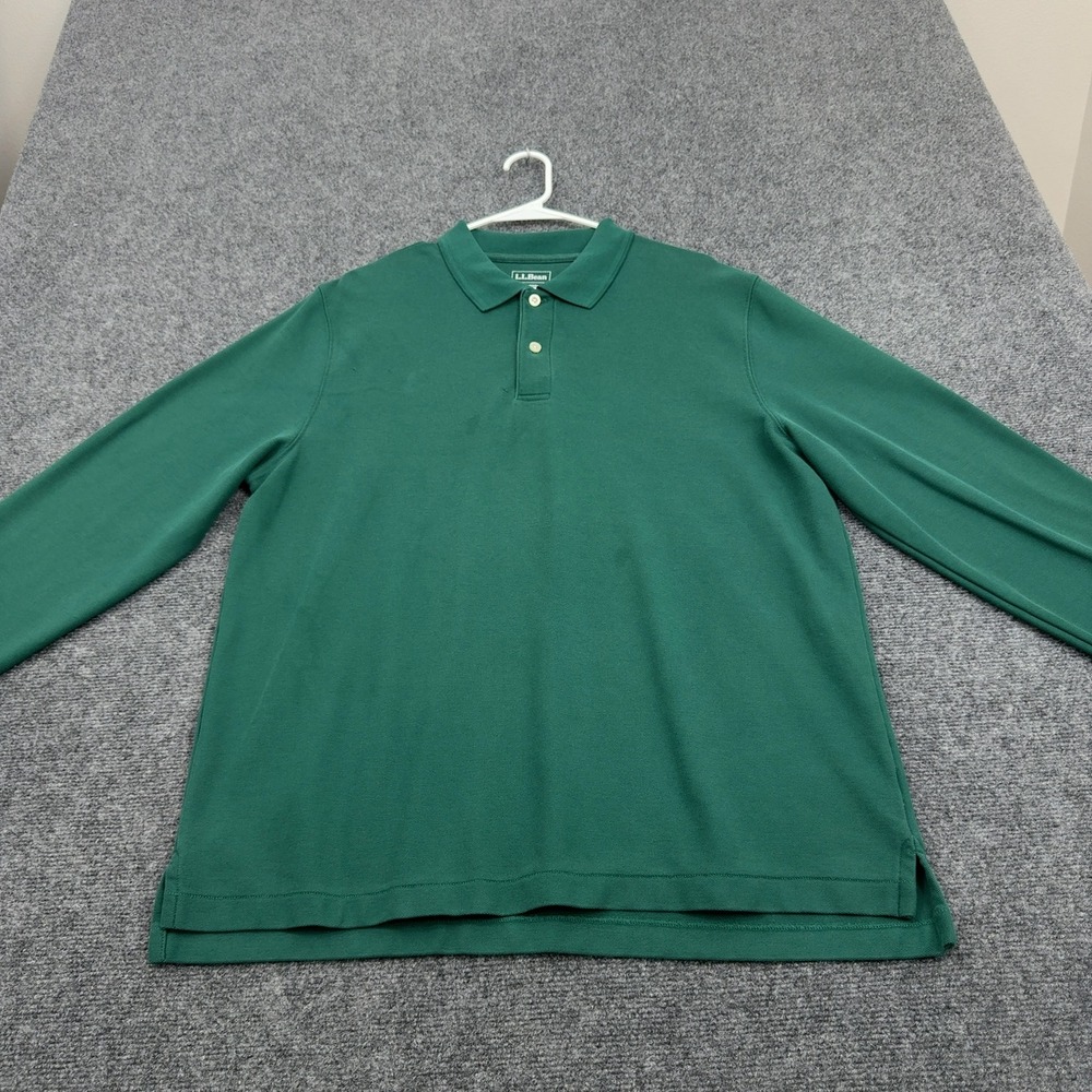 LL Bean Polo Shirt Mens L Green Cotton Long Sleeve Pique Casual Classic